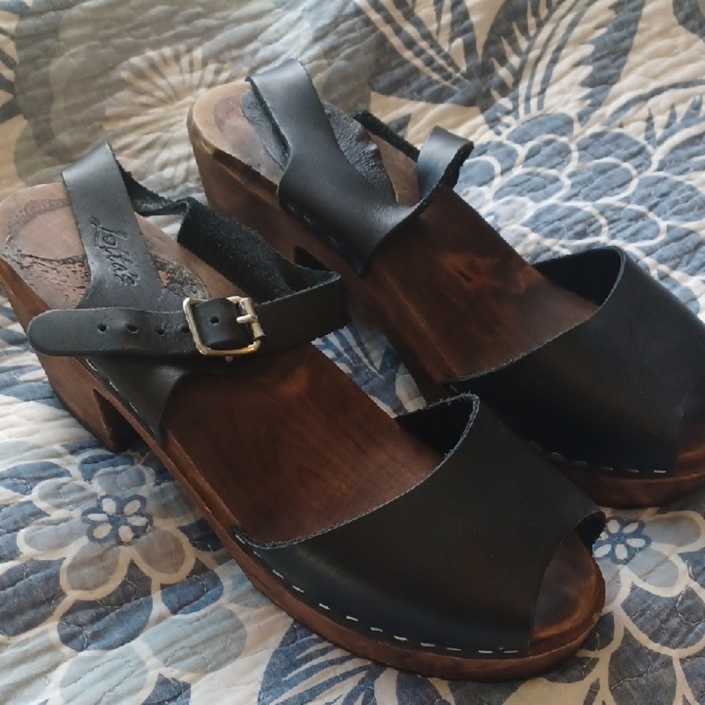 Lotta From Stockholm Womens Clogs Size 41 Black Leather Straps Wood Used